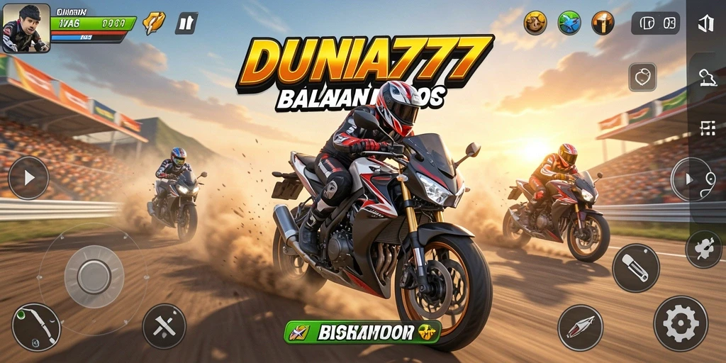 Screenshot gameplay DUNIA777 menampilkan balapan motor yang seru dan mendebarkan.