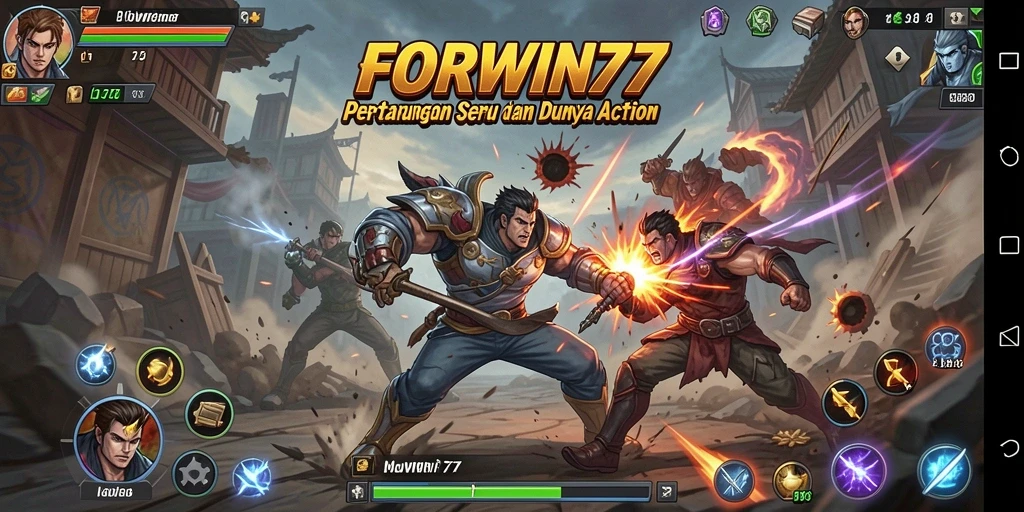 Screenshot menampilkan aksi seru dalam FORWIN77 dengan pertarungan karakter.