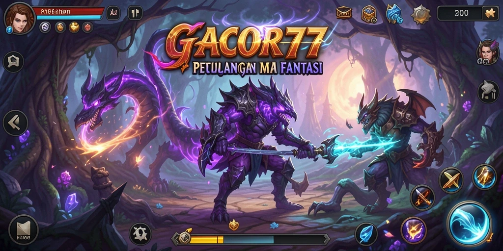 Screenshot utama GACOR77 menampilkan pemain menjelajahi dunia fantastis.