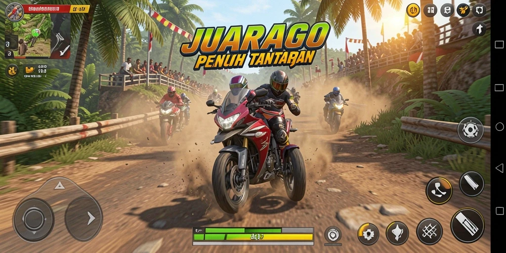 Tangkapan layar utama JUARAGO menampilkan aksi balapan motor yang mendebarkan.