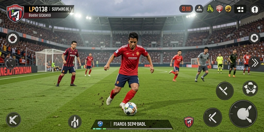 Tampilan gameplay LPO138 yang menampilkan aksi di lapangan sepak bola.