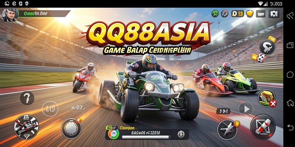 Gameplay Racing QQ88ASIA menampilkan mobil yang bersaing di trek menantang.